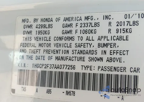 2010 Honda Accord 2.4 Lx z USA, uszkodzony, nr VIN 1HGCP2F37AA077256
